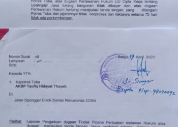 Surat Djonggi kepada Kapolda Sumut atas kinerja Polres Toba yang tidak profesional, Rabu (5/7).