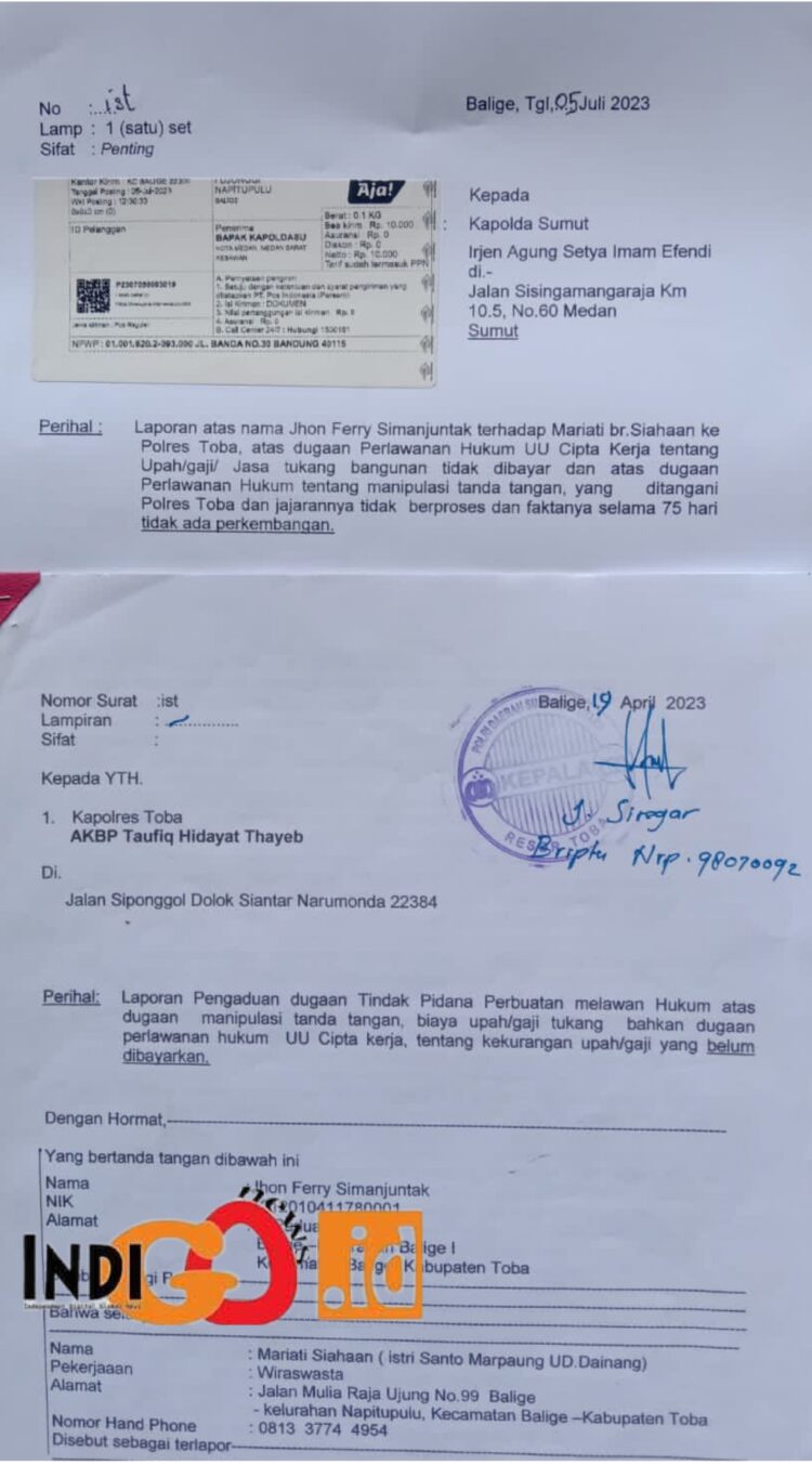 Surat Djonggi kepada Kapolda Sumut atas kinerja Polres Toba yang tidak profesional, Rabu (5/7).