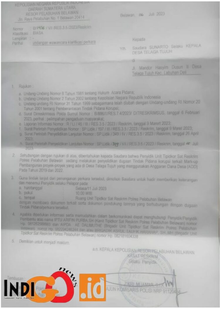Surat panggilan Polres Pelabuhan Belawan kepada Kades Telaga Tujuh, Jumat (7/7).