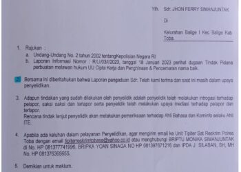 Surat laporan JFS yang sudah 180 hari tidak berproses di Polres Toba, Minggu (16/7).