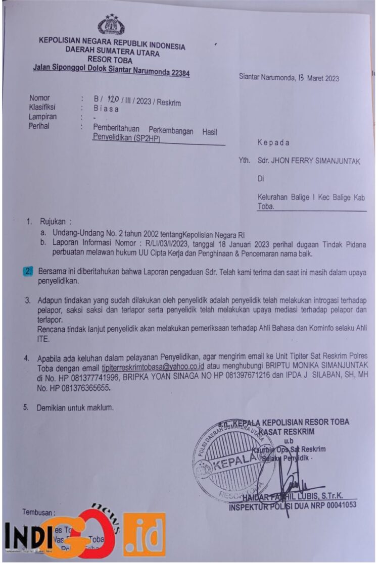 Surat laporan JFS yang sudah 180 hari tidak berproses di Polres Toba, Minggu (16/7).