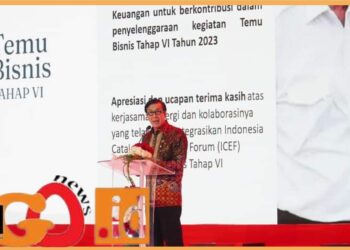 MenkumHAM saat kata sambutan si acara Temu Bisnis Tahap VI 2023 ICEF, Kamis (3/8).