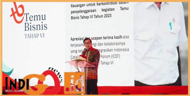 MenkumHAM saat kata sambutan si acara Temu Bisnis Tahap VI 2023 ICEF, Kamis (3/8).