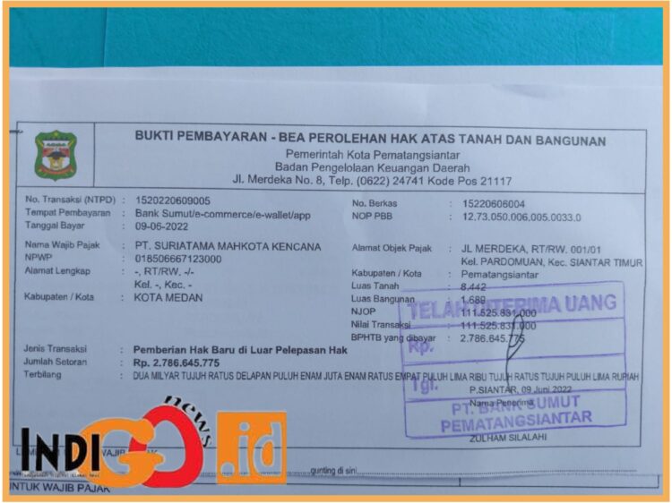 Setoran PT. SMK atas BGS GOR Pematangsiantar, Minggu (6/8).