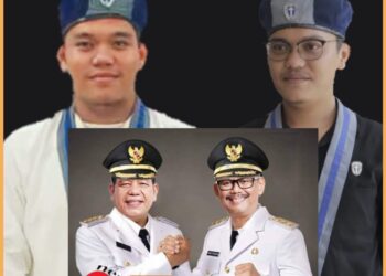 Ketua GMKI Cabang Pematangsiantar - Simalungun Theo dan Kabid Akspel GMKI cabang Pematangsiantar - Simalungun, Cavin Tampubolon serta Bupati dan Wakil Bupati Simalungun, Senin (7/8).