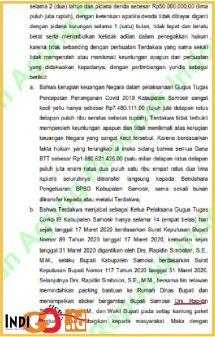 Putusan korupsi Dana Covid- 19 Kabupaten Toba yang menyebut nama mantan Bupati Rapidin Simbolon, Minggu (13/8).