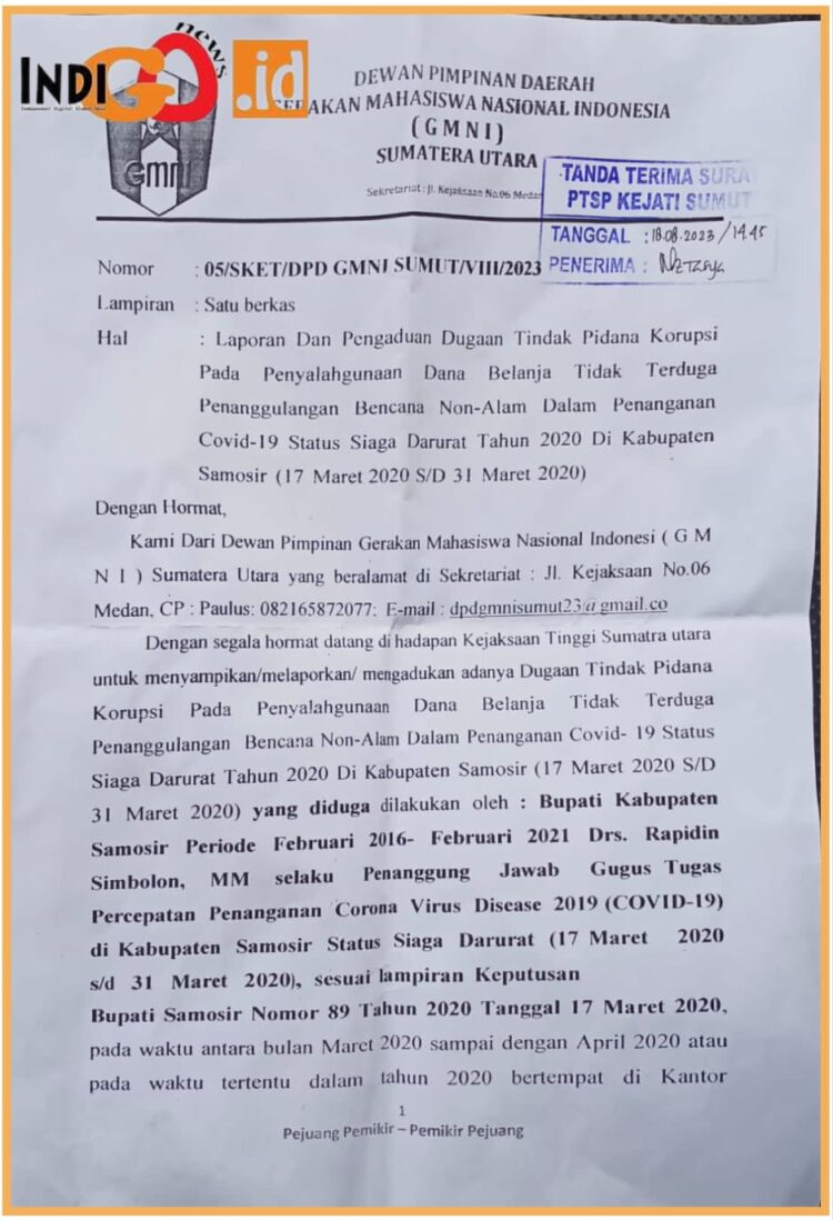 Surat pengaduan GMNI Sumut terhadap mantan Bupati Samosir, Kamis (24/8).
