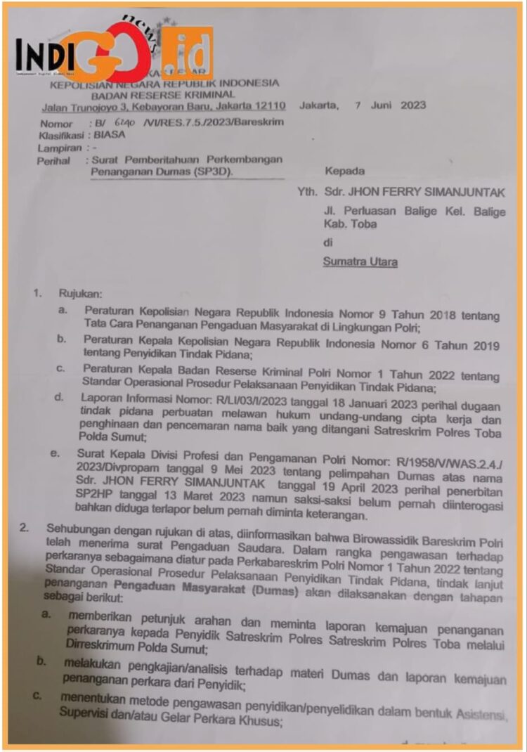Surat Birowassidik Bareskrim Mabes Polri kepada JFS, Rabu (30/8).