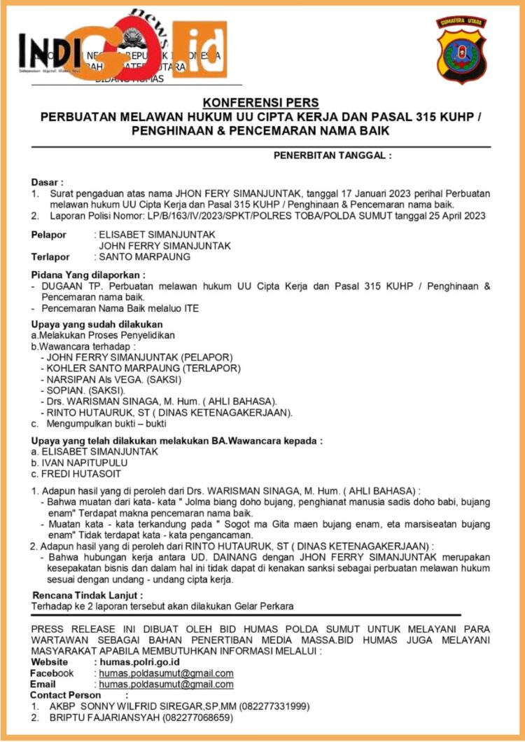 Surat konferensi pers Humas Polda Sumut akan gelar perkara, Senin (4/9).