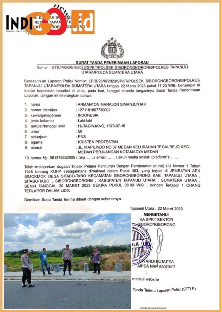 Surat laporan pencurian aset Negara dan jajaran Polsek Siborongborong saat cek TKP, Jumat (8/9).