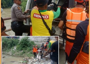 Personel Polsek Tigalingga bersama, BPBD, TNI dan SAR evakuasi jenazag Tuppak Upungsunggu, Rabu (20/9).