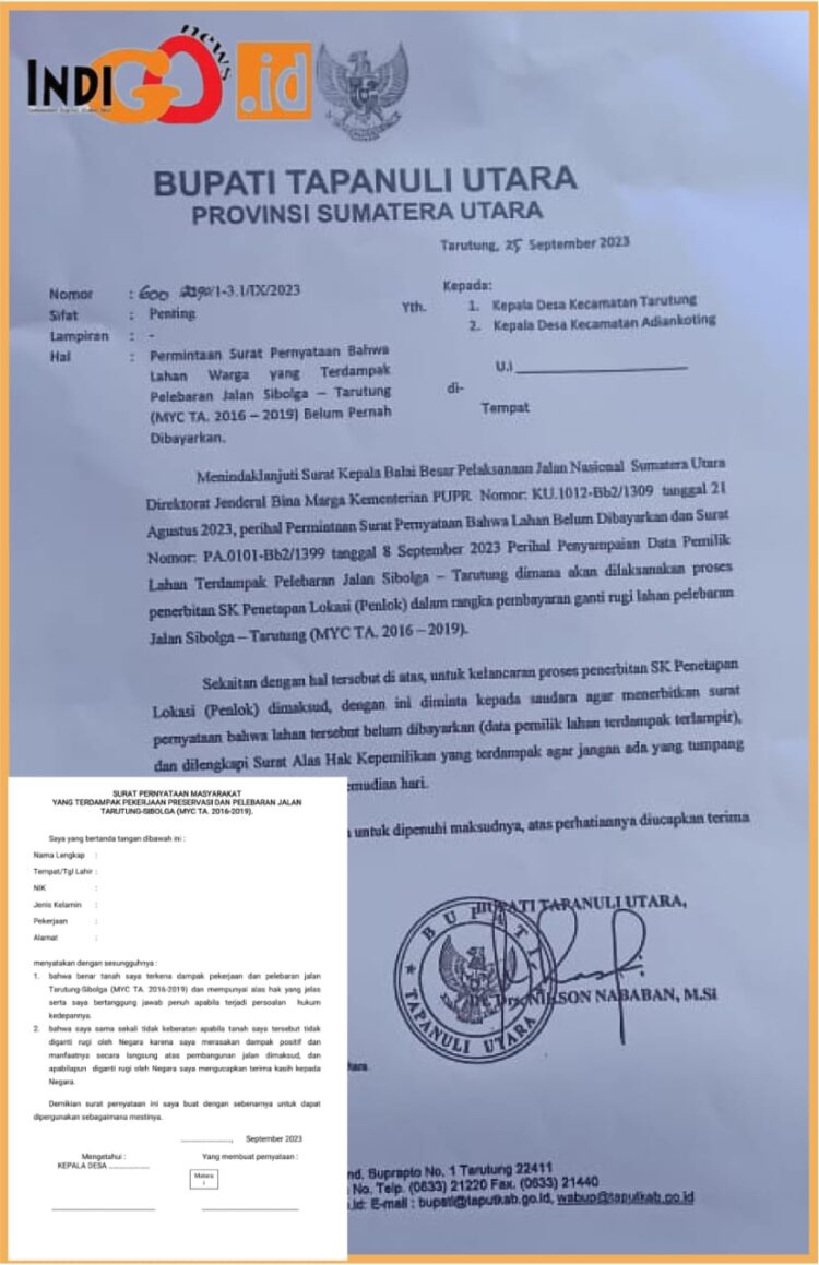 Surat Bupati Taput, Nikson Nababan beserta format surat pernyataan yang aneh, Selasa (26/9).