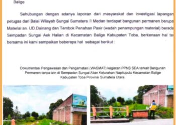 Surat BWSS II Medan, Nomor: St.0203-Bws2/ 1148 kepada pemilim UD. Dainang tembusan ke Bupati Toba, Rabu (27/9).