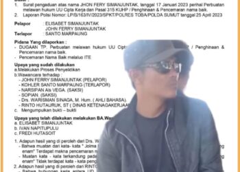 Surat bukti laporan JFS kepada terlapor SM pengusaha UD.D di Balige, Kamis (28/9).