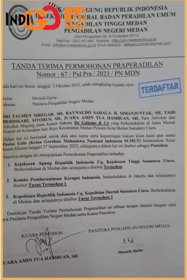 Tanda terima praperadilan Ketua GMNI Sumut, Jumat (29/9).