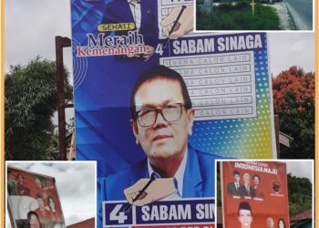 Sejumlah baliho Bacaleg yang langgar peraturan dan menyemak di Toba, Selasa (3/10).