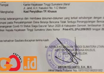 Surat pemanggilan mantan Bupati Samosir, Rapidin Simbolon dari Kejatisu, Selasa (3/10).