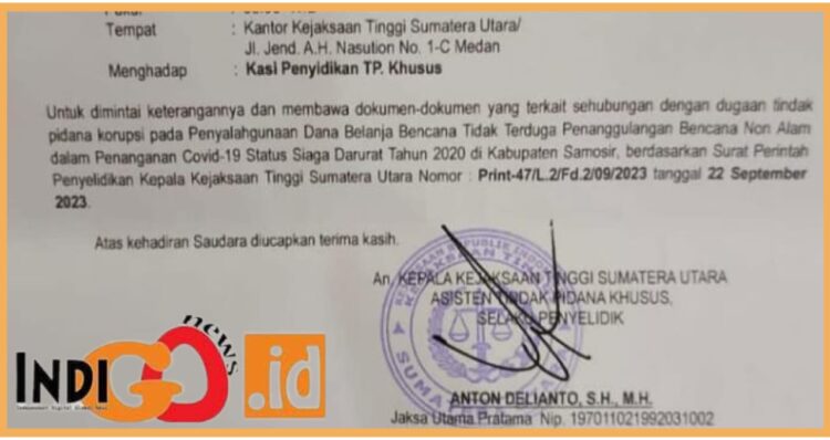 Surat pemanggilan mantan Bupati Samosir, Rapidin Simbolon dari Kejatisu, Selasa (3/10).