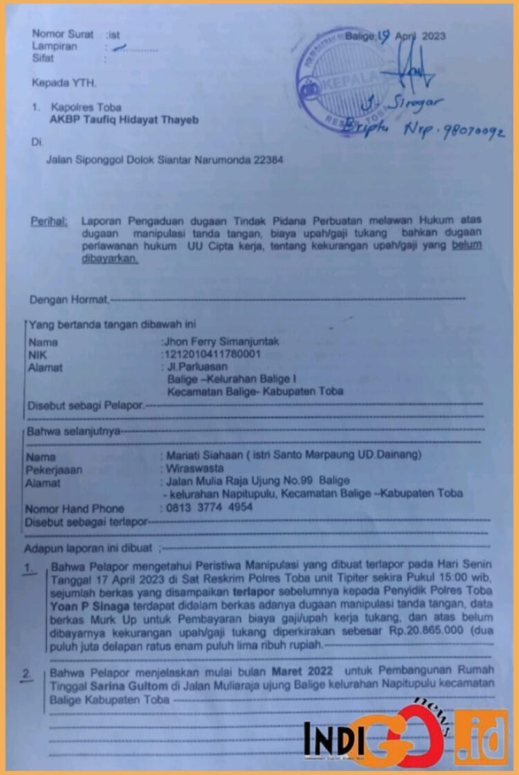 Laporan JFS di PolresToba yang sudah berproses 180 hari namun tidak jelas, Sabtu (7/10).