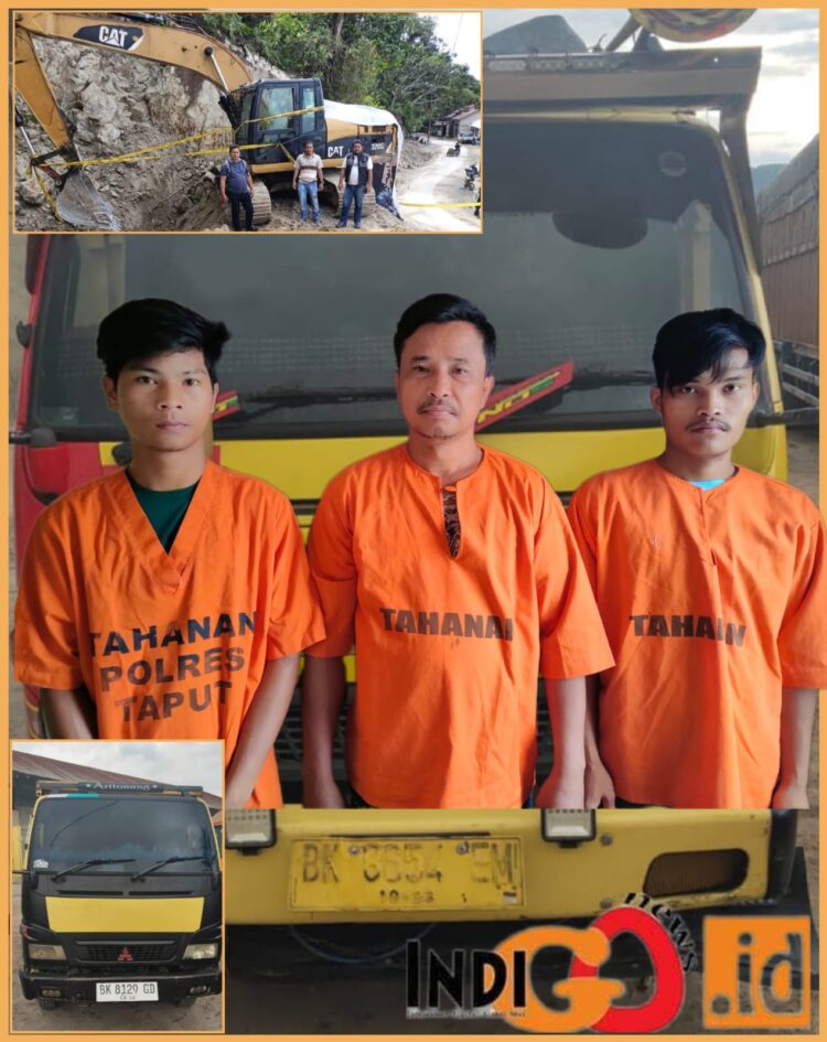 Ketiga tersangka beserta truk dan excapator saat diamankan di Polres Taput, Selasa (24/10).