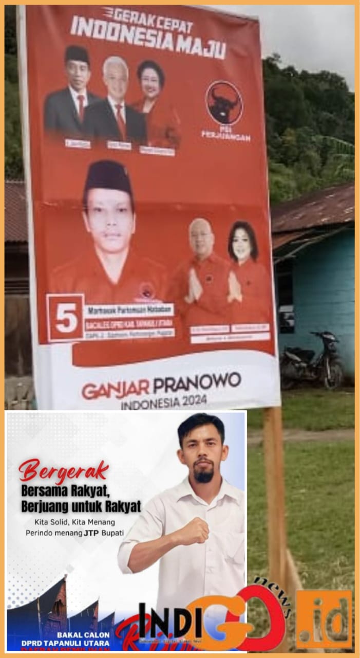Rijon Manalu dan alat peraga kampanye Caleg PDIP Marhasak Nababan No 5 dapil II dari Partai PDIP, Selasa (7/11).