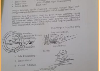 Surat lahan SMAN 1 Siborongborong, Rabu (8/11).