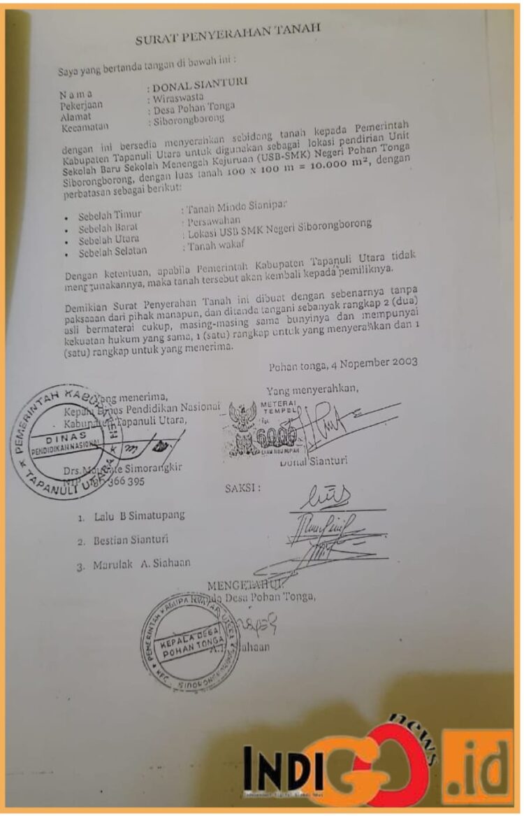 Surat lahan SMAN 1 Siborongborong, Rabu (8/11).