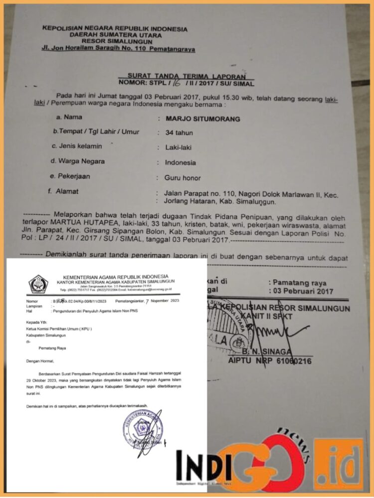 Surat laporan di Polres Simalungun serta surat pengunduran diri Komisioner KPU Simalungun, Jumat (17/11).