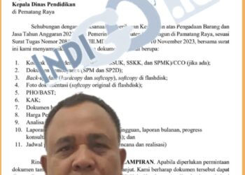 Surat BPK kepada Kadis Pendidikan Simalungun permintaan dokumen penunjang pelaksanaan pengadaan barang/ jasa Tahun Anggaran 2023, Selasa (19/12).