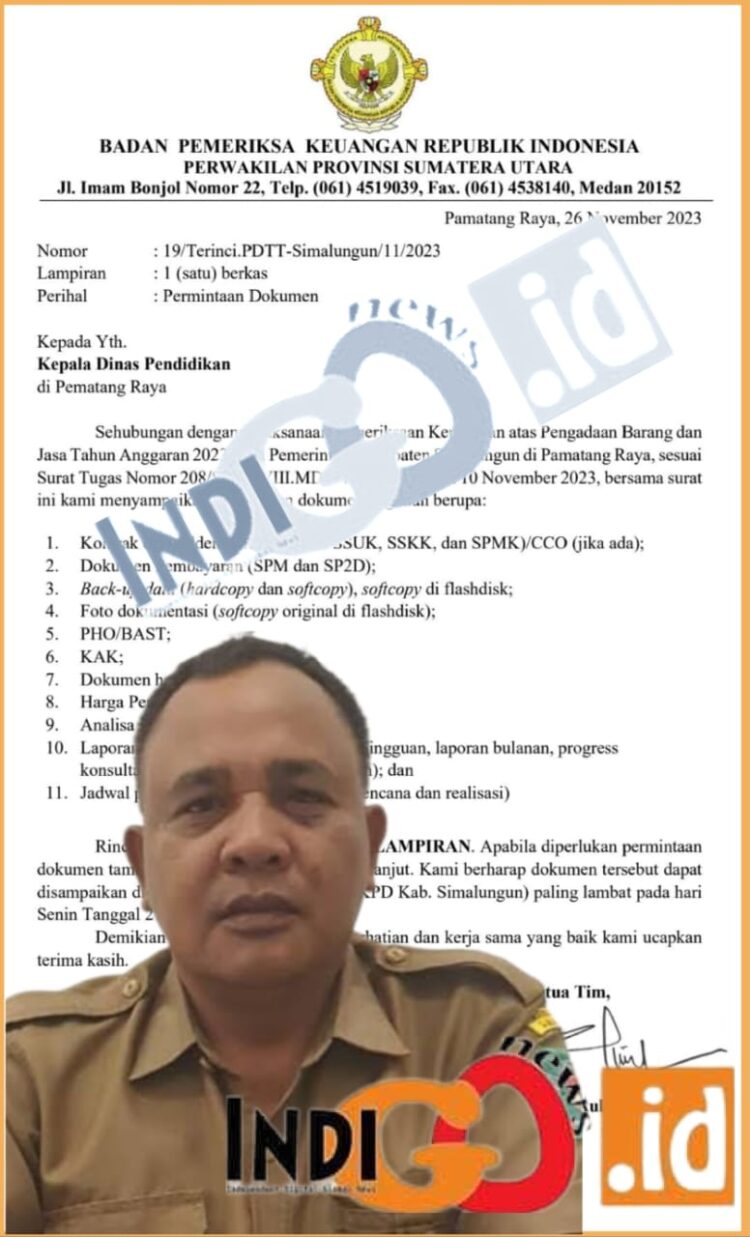 Surat BPK kepada Kadis Pendidikan Simalungun permintaan dokumen penunjang pelaksanaan pengadaan barang/ jasa Tahun Anggaran 2023, Selasa (19/12).