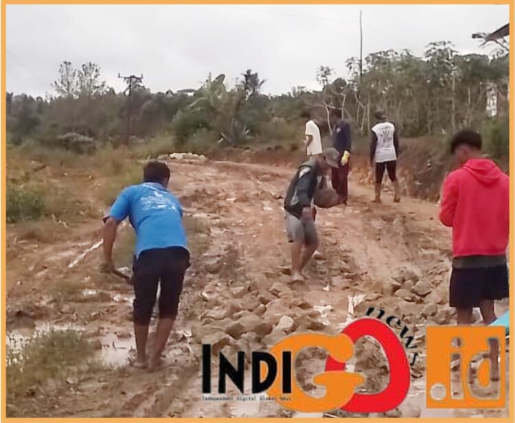 Warga Desa Penanggangan II Parhorian saat gotongroyong perbaikan jalan, Selasa (19/12).