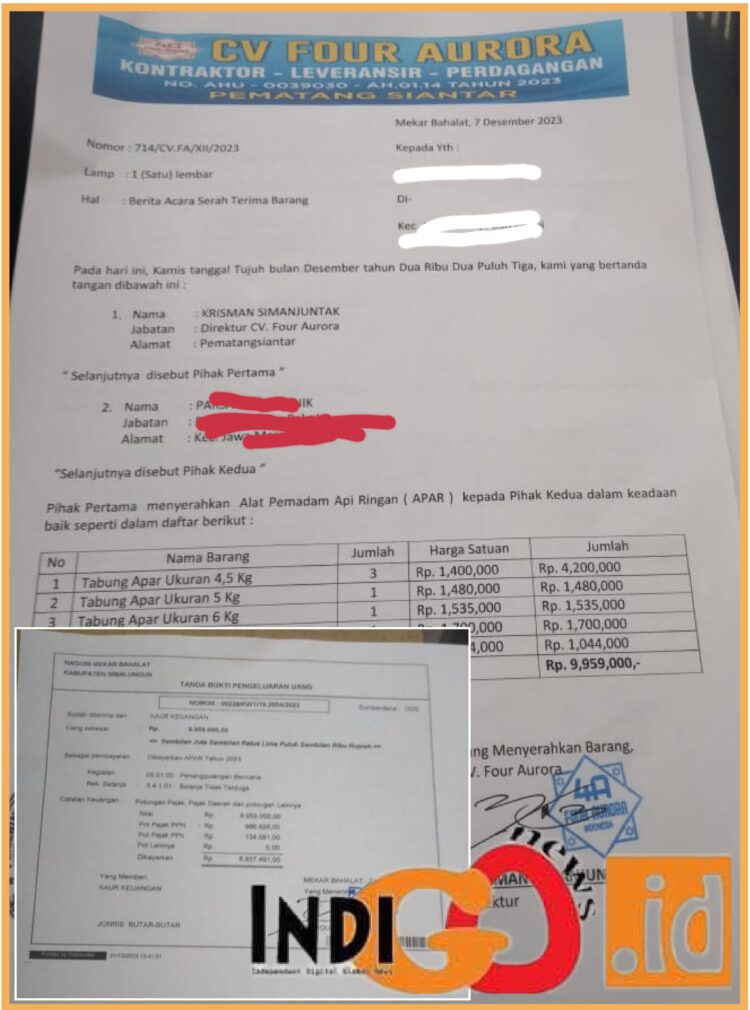 Surat Lpj dan kwitansi pengadaan Apar, Rabu (10/1).