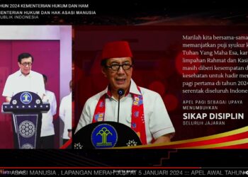 Menkumham, Yasonna saat pimpi apel bersama awal Tahun 2024, Jumat (5/1).
