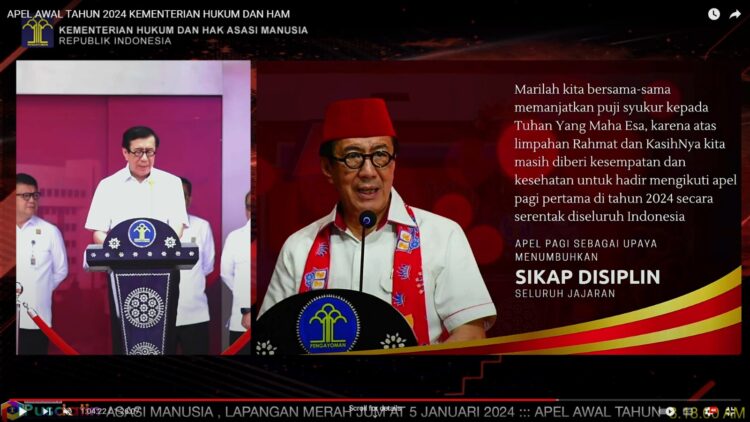 Menkumham, Yasonna saat pimpi apel bersama awal Tahun 2024, Jumat (5/1).