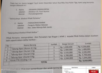 Kwitansi pembayaran Apar kepeda penyedia, Jumat (12/1).
