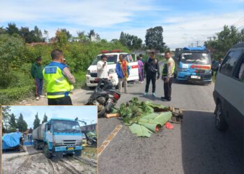 Personel Sat Lantas Polres Taput saat evakuasi TKP dan trusk tangki BBM melindas korban hingga tewas, Sabtu (13/1).