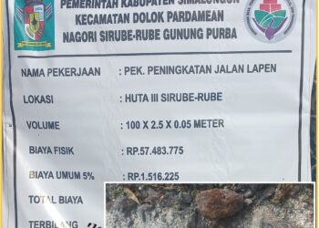 Plang proyek dan kondisi lapisan yang hanya sekitar setebal 3Cm, Jumat (2/2).