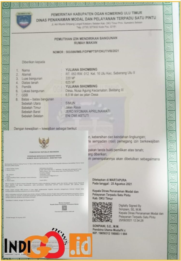 Izin Cafe Nusi Amor beralamat di Desa Nusa Agung, Kecamatan Belitang lll, Kabupaten OKU Timur - Sumatera Selatan, Rabu (21/2).