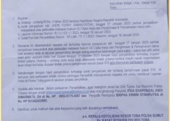 Surat perkembangan penyidikan dari Polres Toba, Kamis (22/2).