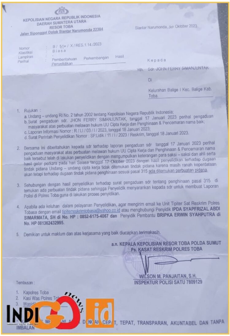 Surat perkembangan penyidikan dari Polres Toba, Kamis (22/2).