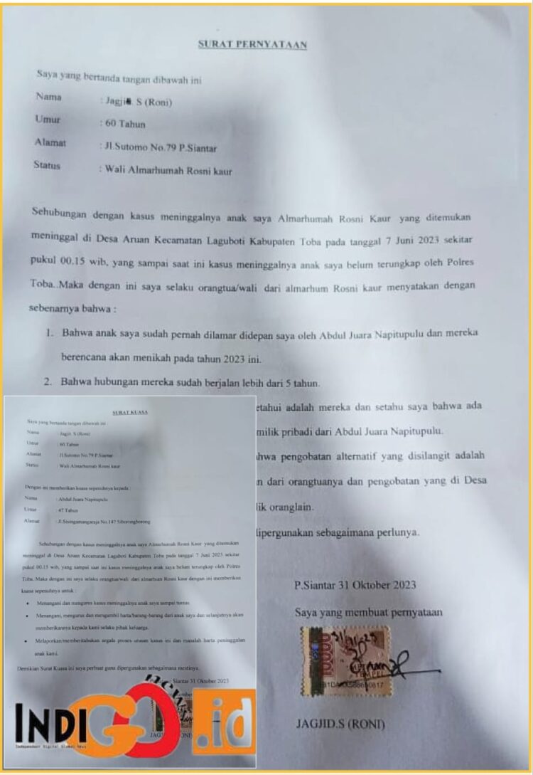 Surat pernyataan dan kuasa yang diberikan orangtua Sonya kepada Abdul J Napitupulu, Jumat (23/2).