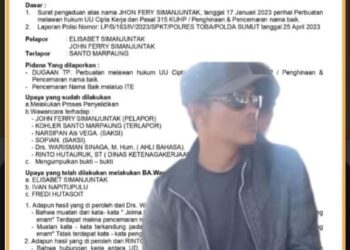 Surat pemberitahuan perkembangan pemeriksaan dari Polres Toba, Selasa (27/2).