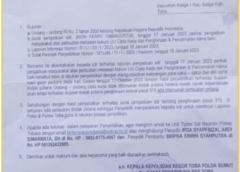 Surat yang menyatakan, KSM pengusaha UD.D Balige dinyatakan melakukan tindak pidana, Jumat (15/3).