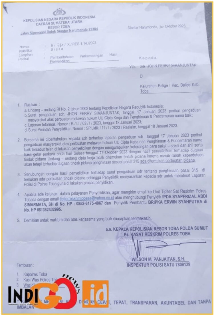 Surat yang menyatakan, KSM pengusaha UD.D Balige dinyatakan melakukan tindak pidana, Jumat (15/3).