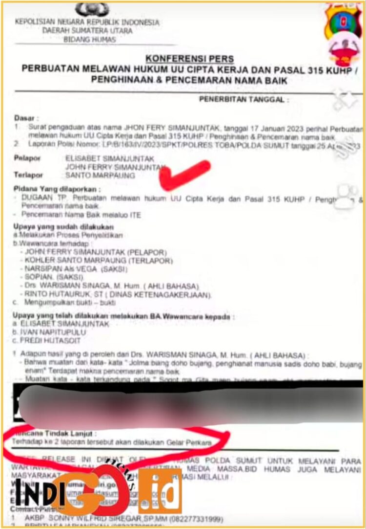 Surat konferensi pers Polda Sumut atas penghinaan, pencemaran nama baik dan pelanggaran UU Cipta Kerja atas laporan JFS kepada KSM, Sabtu (16/3).