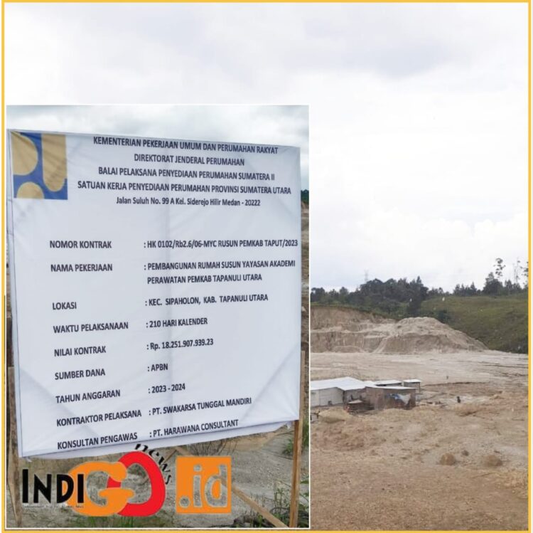 Lahan pembangunan ruma susun Yayasan Akper Kabupaten Taput dan plank kegiatan sebesar Rp. 18 Miliar yang dimana progres kegiatan hanya mencapai 30%, Minggu (14/4).