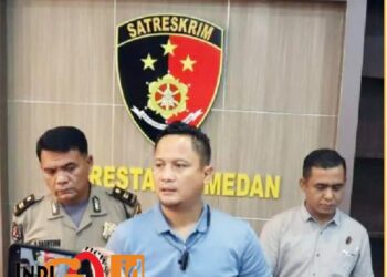 Kepala Satuan Reskrim Polrestabes Medan, Kompol Jama Kita Purba saat konferensi pers, Minggu malam (26/5).