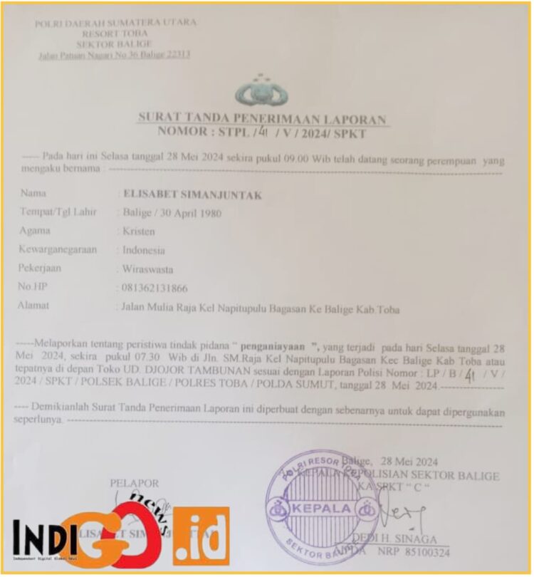 Surat tanda bukti laporan (STPL) ES atas penganiayaan yang dialaminya, Rabu (29/5).