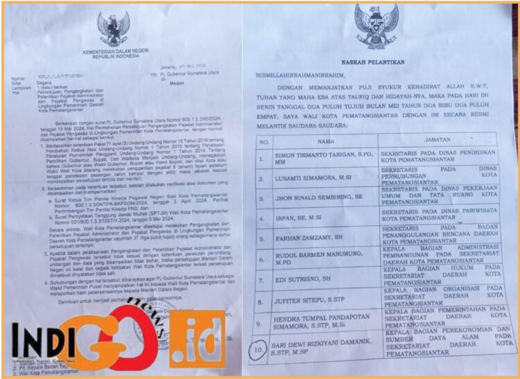 Surat rekomendasi dan persetujuan Kemendagri dan surat keputusan Walikota Pematangsiantar atas pelantikan 46 pejabat, Jumat (7/6).