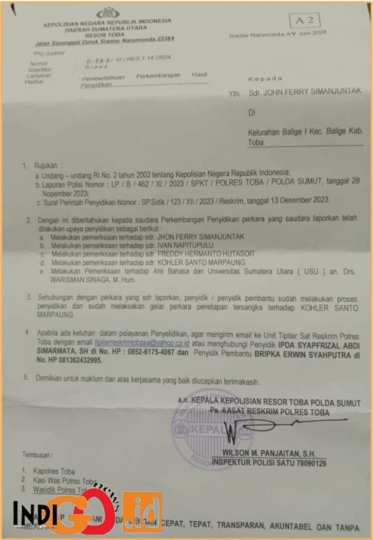Surat penetapan tersangka KSM dari Polres Toba, Jumat (7/6).